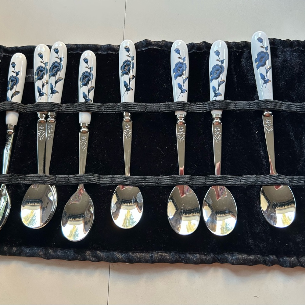 Stainless 18-10 set of 9 tea or dessert spoons with porcelain blue floral handle